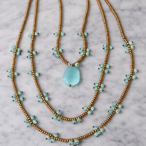 Triple Strand Aqua Blue Stone Pendant Necklace | Gold Tone Beaded Boho Statement